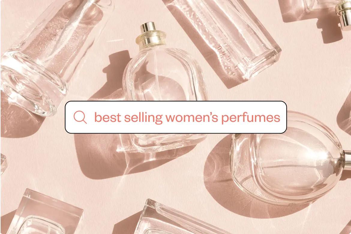 Perfume bottles on a blush pink background with a search bar reading "best selling womens perfumes."