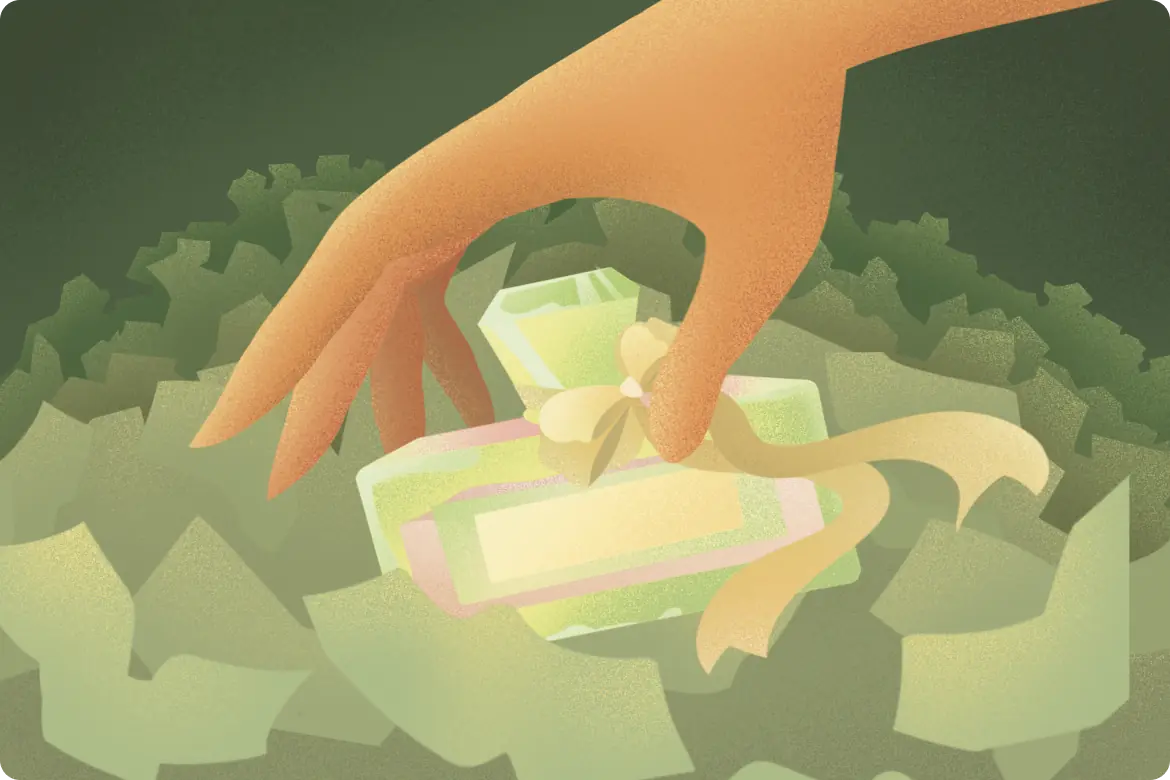 Illustration of a hand picking up a wrapped perfume bottle surrounded by green packaging material.