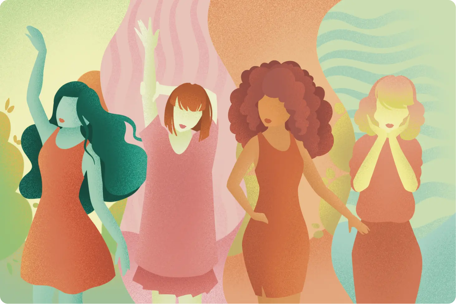 Illustration of four women representing different styles and personalities in a colorful abstract setting.