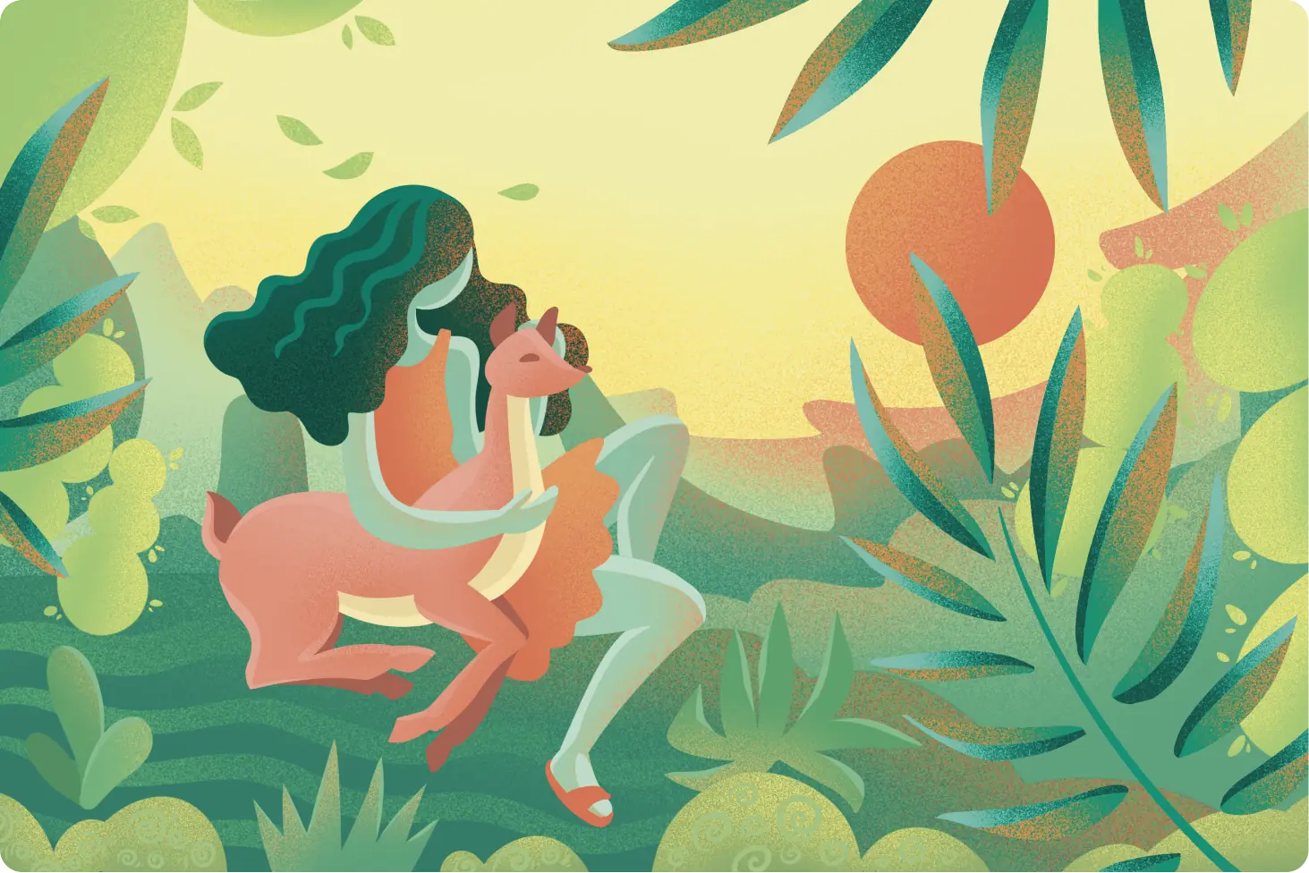 Illustration of a woman riding a deer through a lush green landscape at sunset.