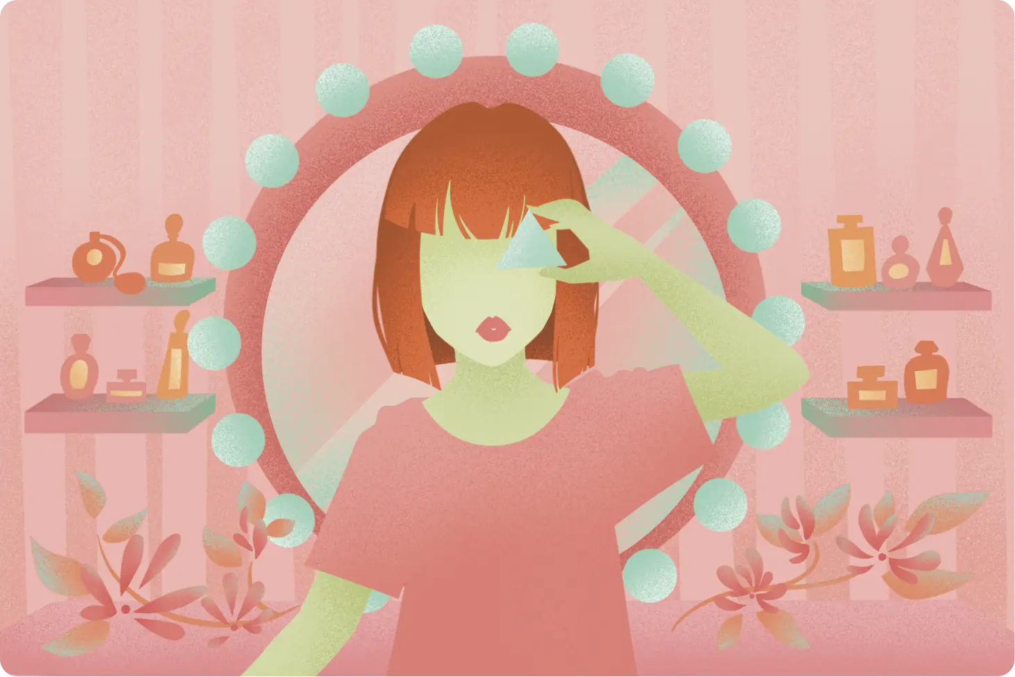 Illustration of a woman smelling perfume surrounded by fragrance bottles, representing the olfactory pyramid