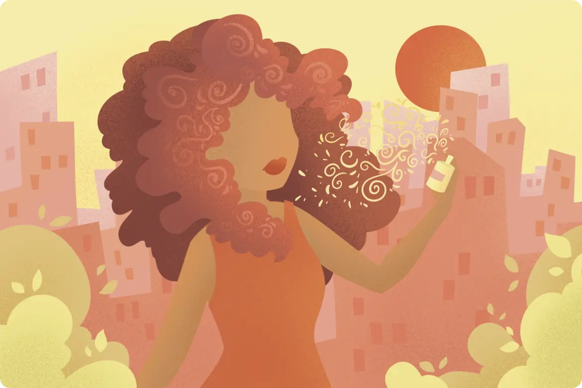 Illustration of a woman holding a perfume bottle outdoors, surrounded by swirling fragrance notes at sunset.
