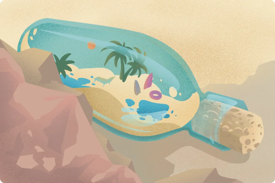 Illustration of a perfume bottle containing a tropical beach scene, representing summer-inspired fragrances