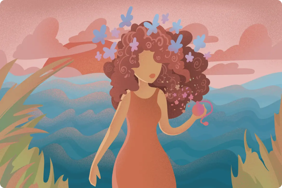 Illustration of a woman holding perfume as flowers and scent notes surround her, representing fragrance-triggered headaches