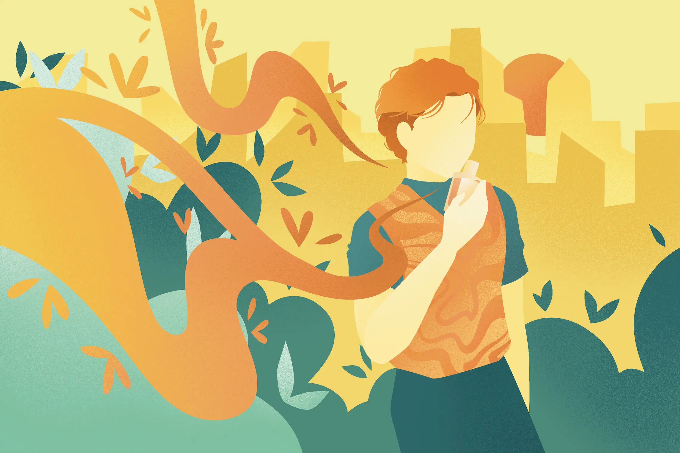 Illustration of a person holding a perfume bottle surrounded by flowing shapes and foliage representing 1970s fragrance trends
