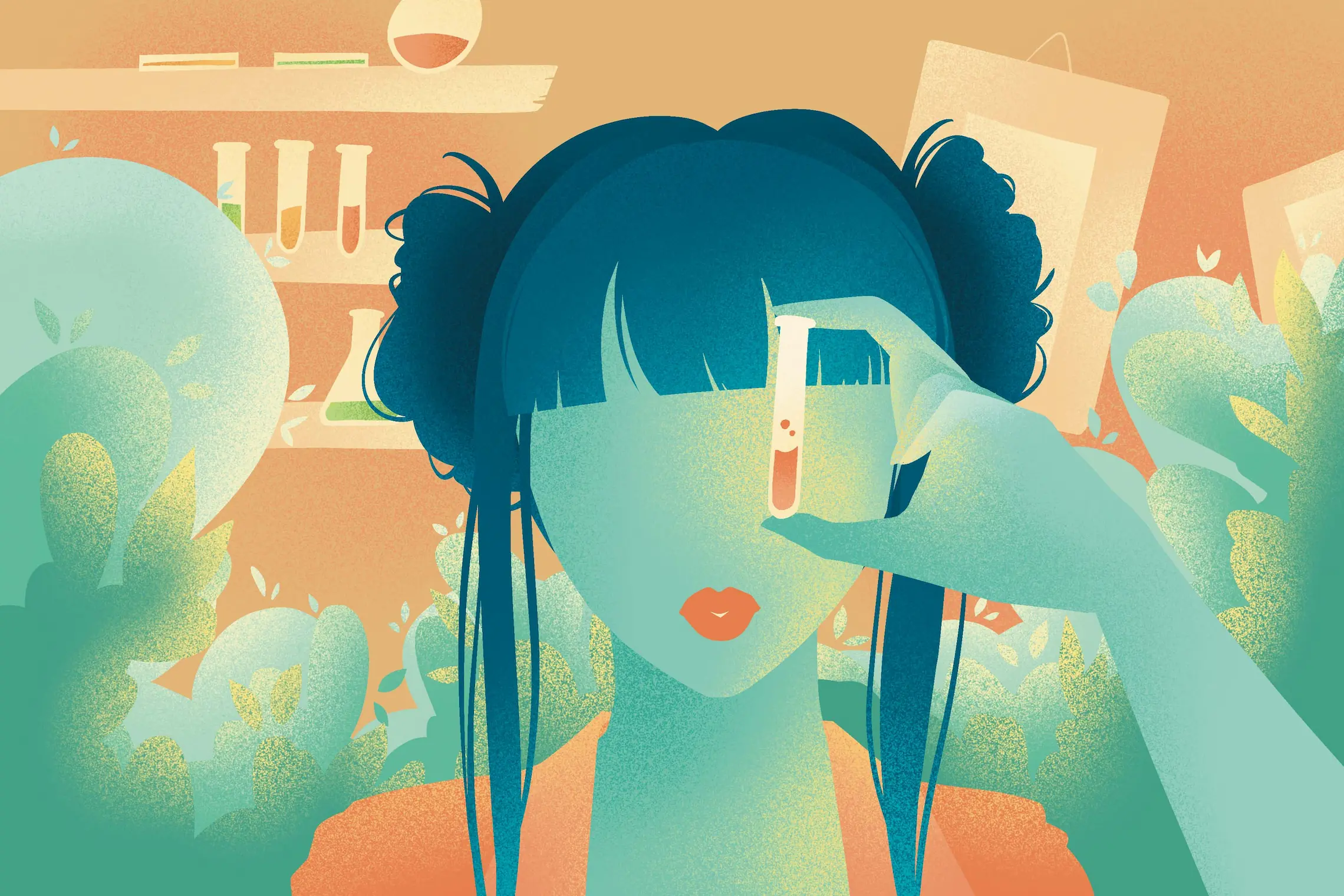 Illustration of a woman examining a fragrance sample in a laboratory surrounded by plants and test tubes.