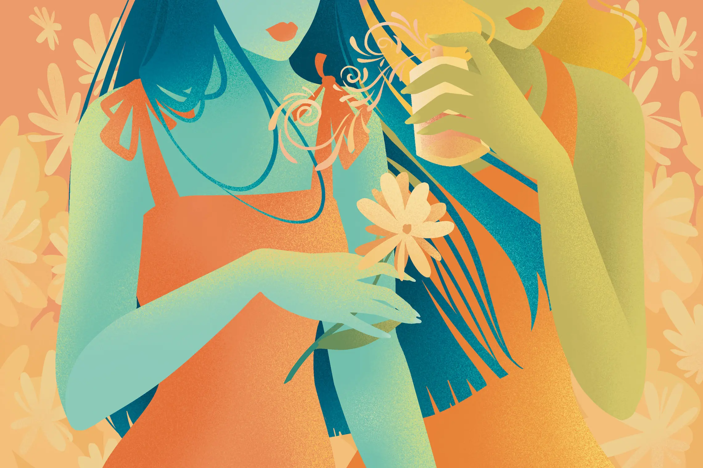 Illustration of two women layering fragrances with perfume and floral notes