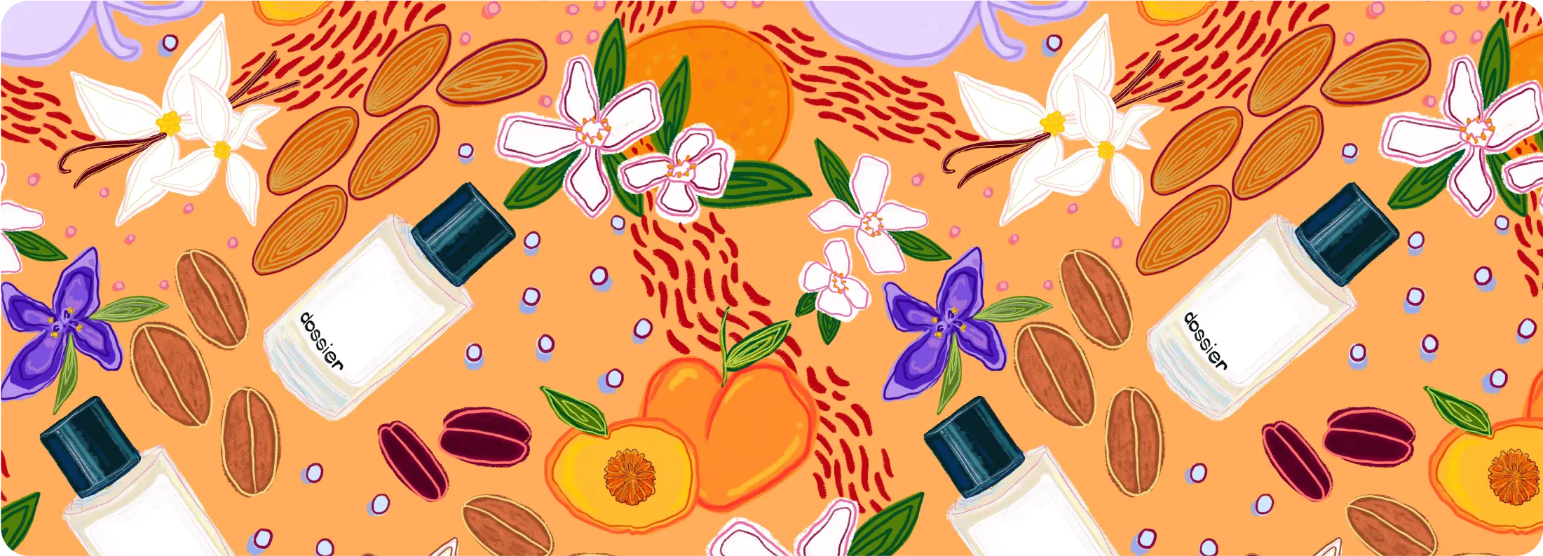 Illustrated Dossier perfume bottles surrounded by colorful flowers, citrus, almonds, coffee beans, and botanical fragrance ingredients on an orange background.