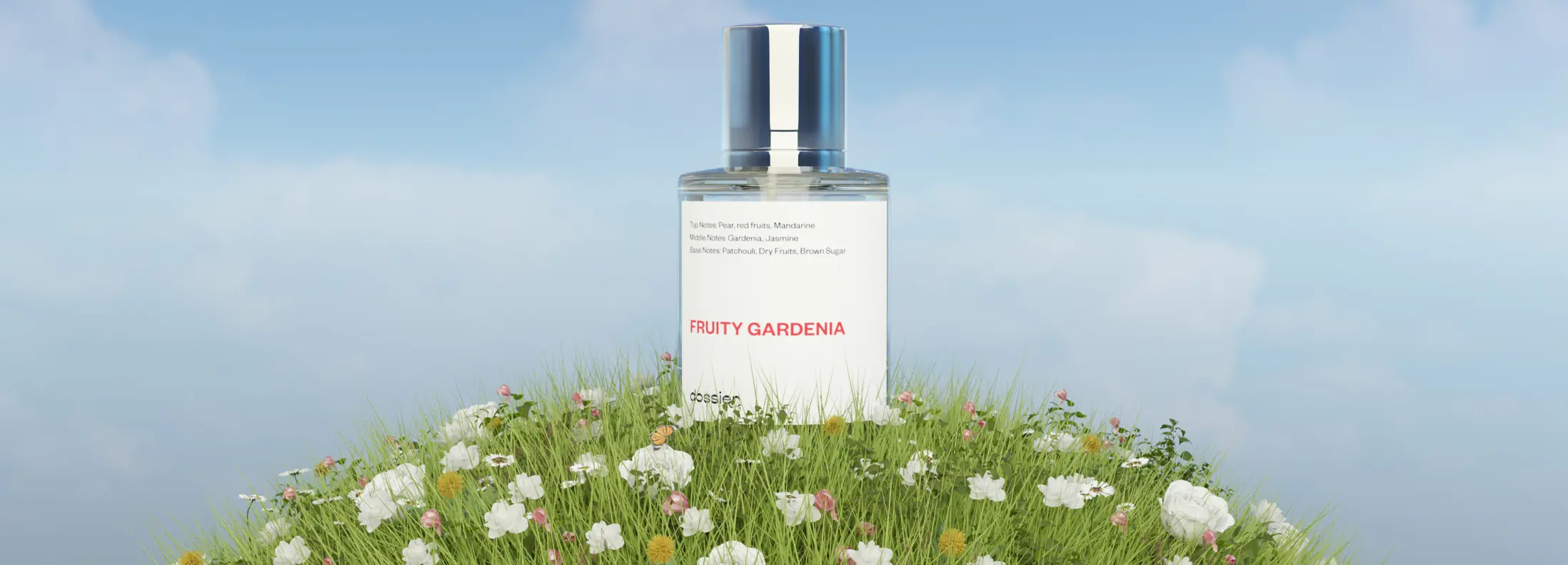 Dossier Fruity Gardenia perfume bottle rising above a grassy meadow filled with white and pink flowers under a soft blue sky.