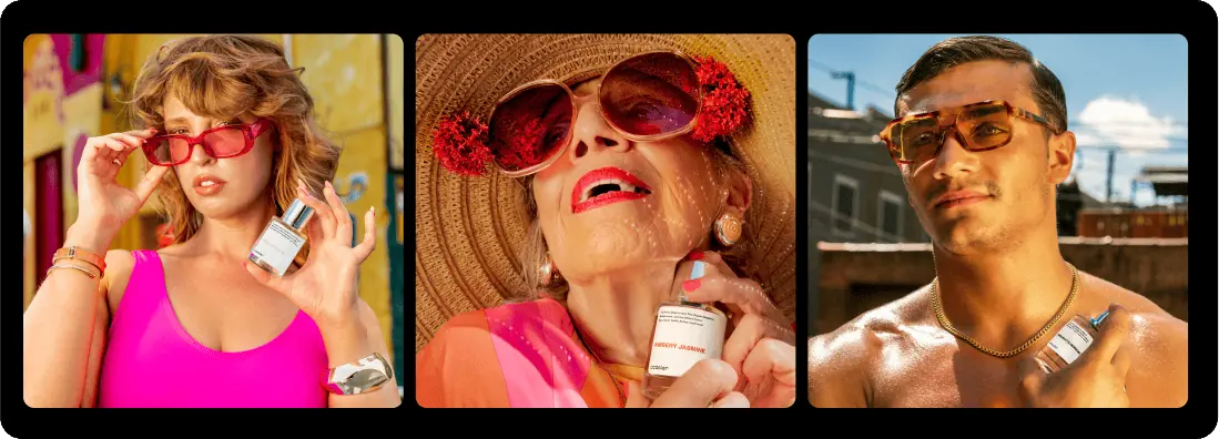 Three people wearing sunglasses hold Dossier perfume bottles in vibrant summer portraits with bright, sunlit styling.