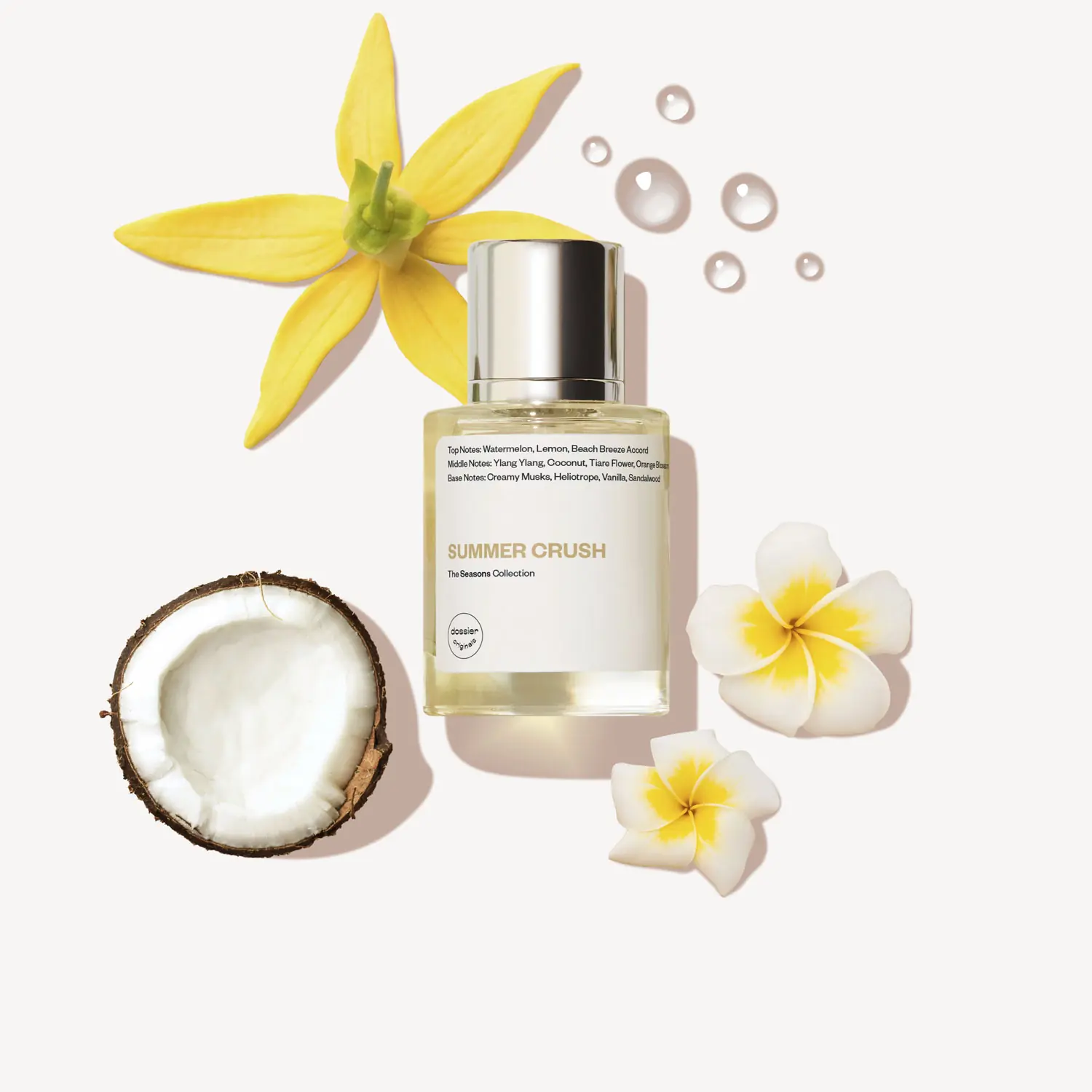 Dossier Summer Crush perfume bottle surrounded by coconut, ylang-ylang, and white tropical flowers on a bright white background.