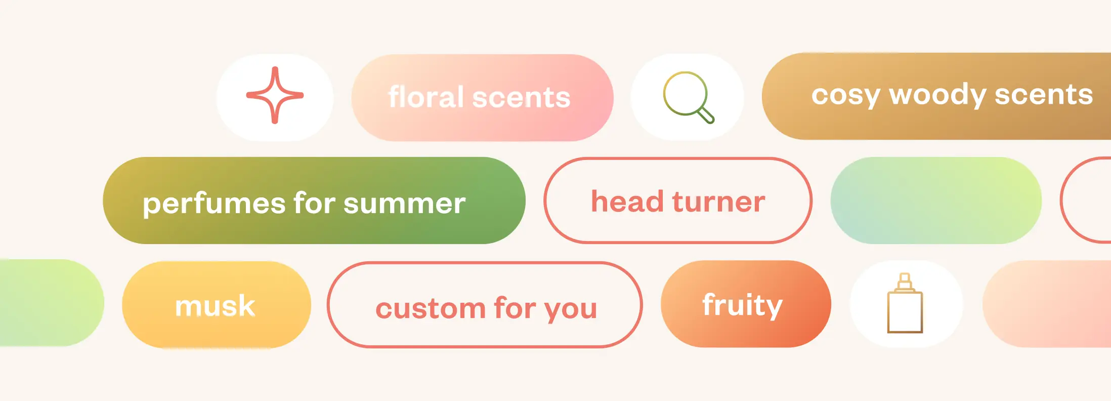 Colorful fragrance-themed tags featuring terms like floral scents, cozy woody scents, perfumes for summer, musk, fruity, head turner, and custom for you.