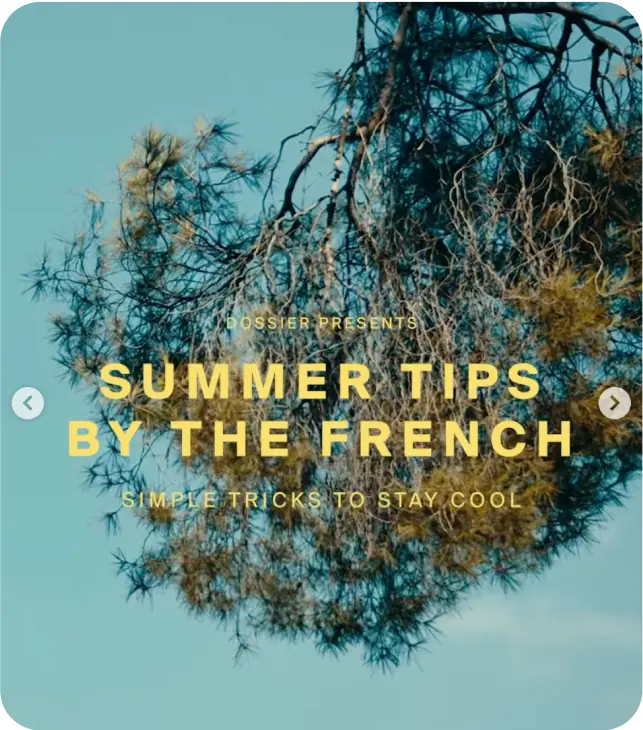 Summer Tips by the French graphic featuring pine tree branches against a blue sky with bold yellow text about simple tricks to stay cool.