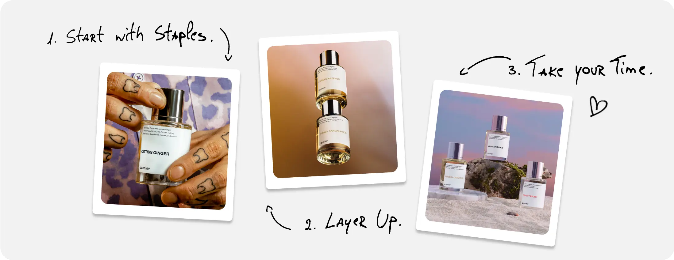 Dossier Citrus Ginger, Ambery Saffron, Woody Sandalwood, and other perfumes illustrating a three-step fragrance layering routine