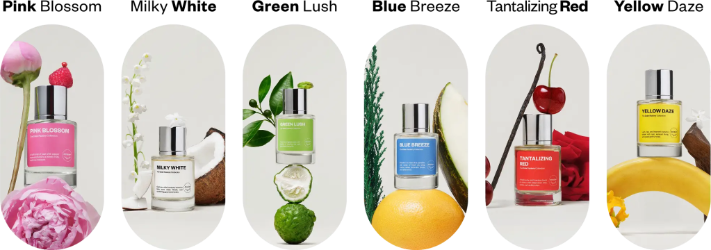 Color Factory perfume bottles displayed with floral, fruity, citrus, coconut, and vanilla-inspired ingredients.