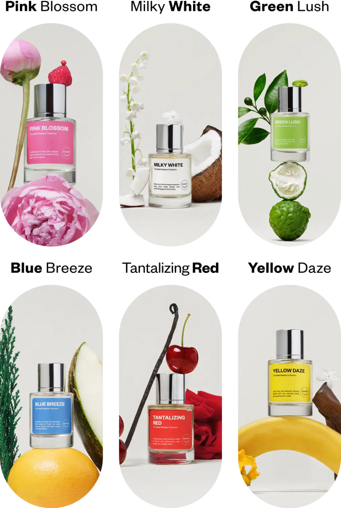 Color Factory perfume bottles displayed with floral, fruity, citrus, coconut, and vanilla-inspired ingredients.