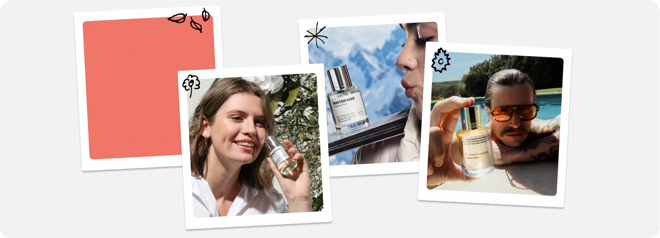 Dossier perfumes shown across spring, winter, and summer settings to represent seasonal fragrance choices