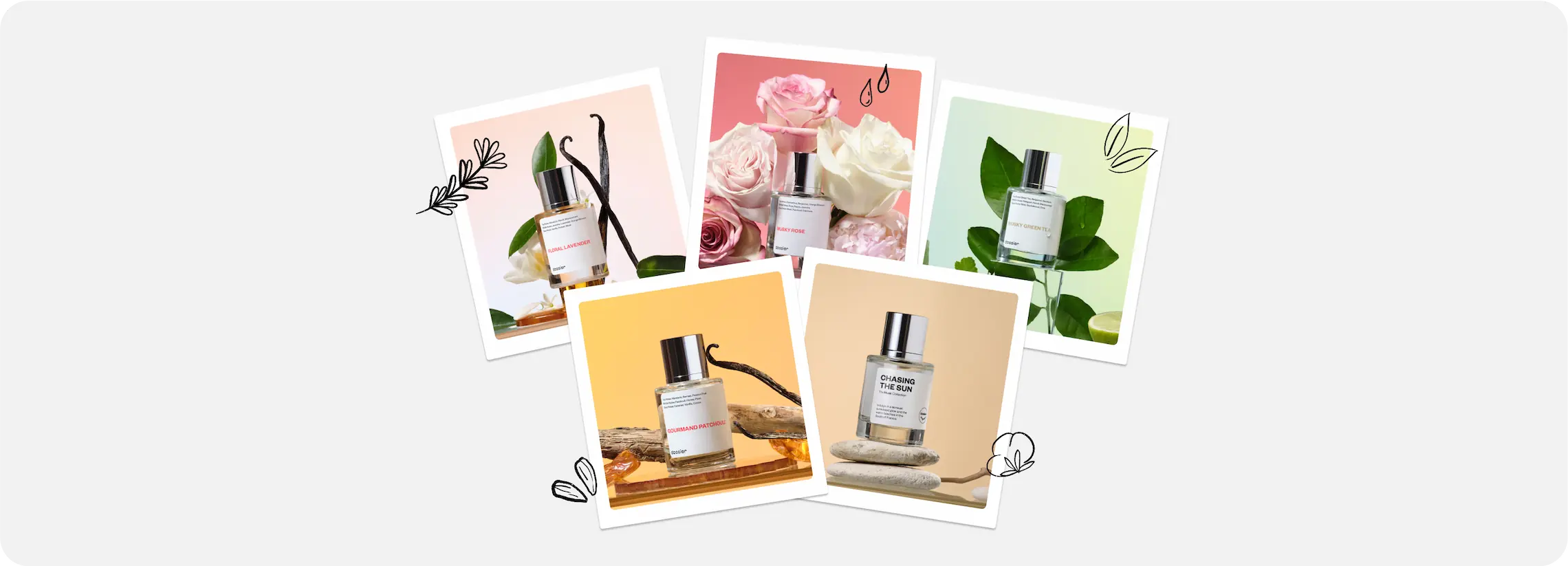 Dossier Floral Lavender, Musky Rose, Musky Green Tea, Gourmand Patchouli, and Chasing the Sun perfumes featured as spring fragrance picks