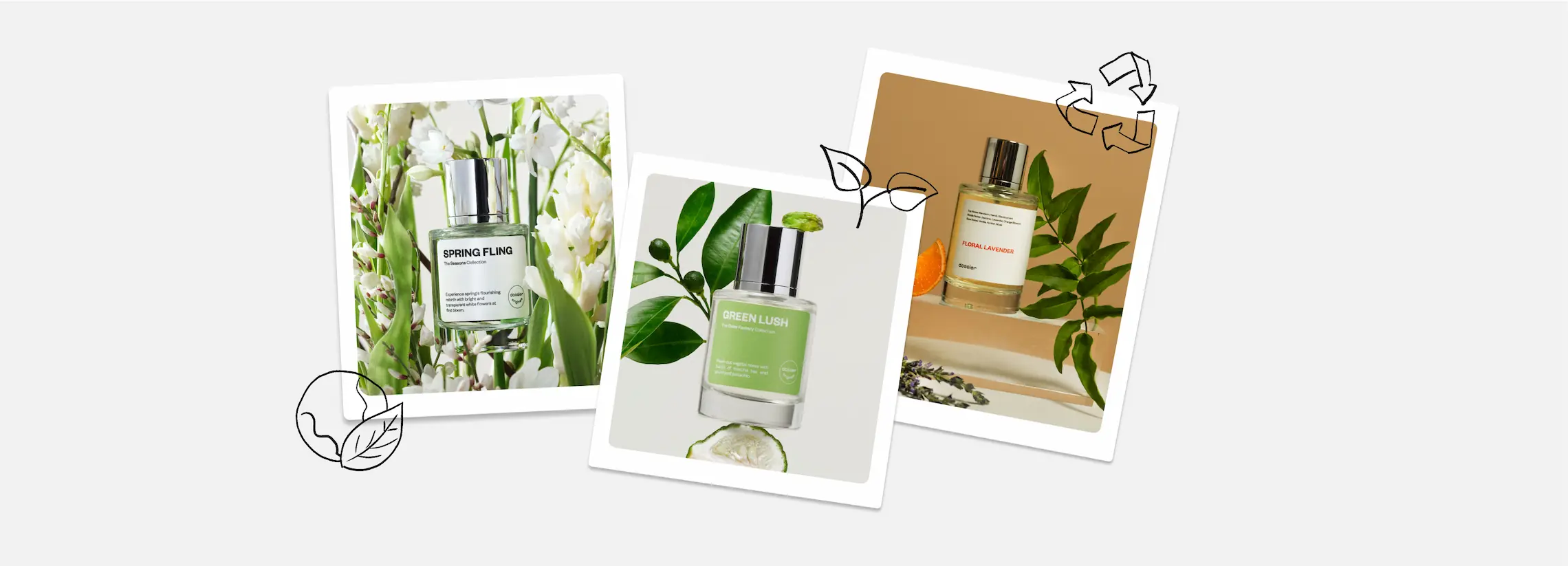 Collage of Dossier Spring Fling, Green Lush, and Floral Lavender perfumes surrounded by flowers, greenery, citrus, and sustainability-themed illustrations.