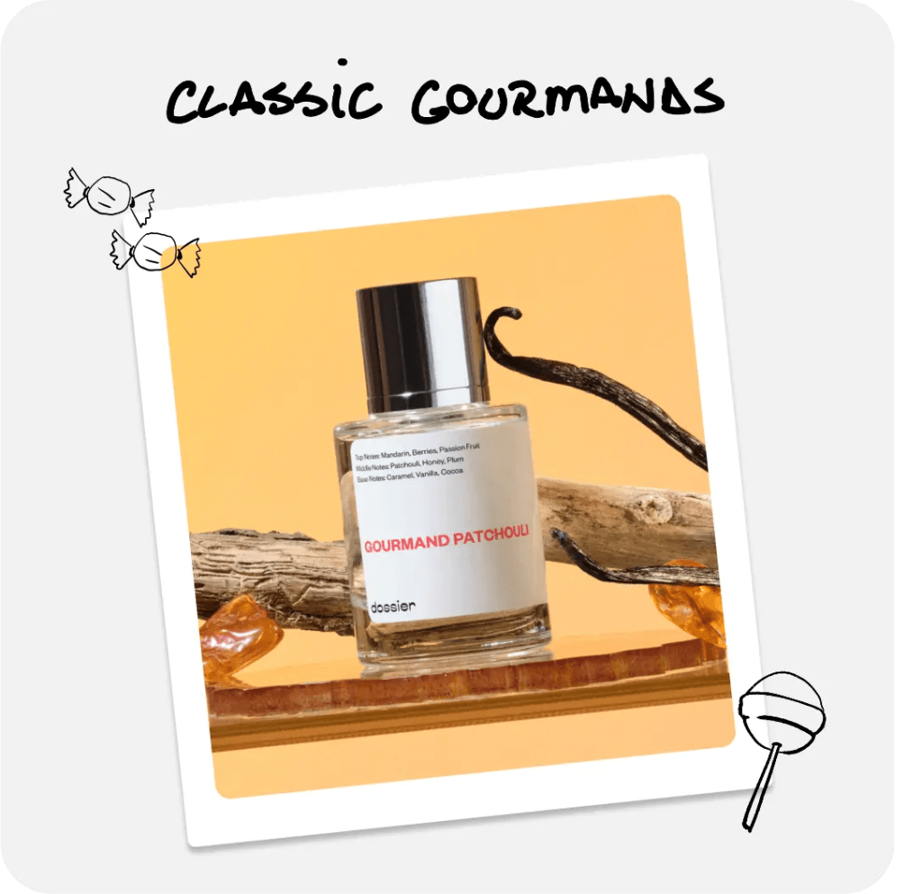 Dossier Gourmand Patchouli perfume with vanilla and caramel accents representing classic gourmand fragrances