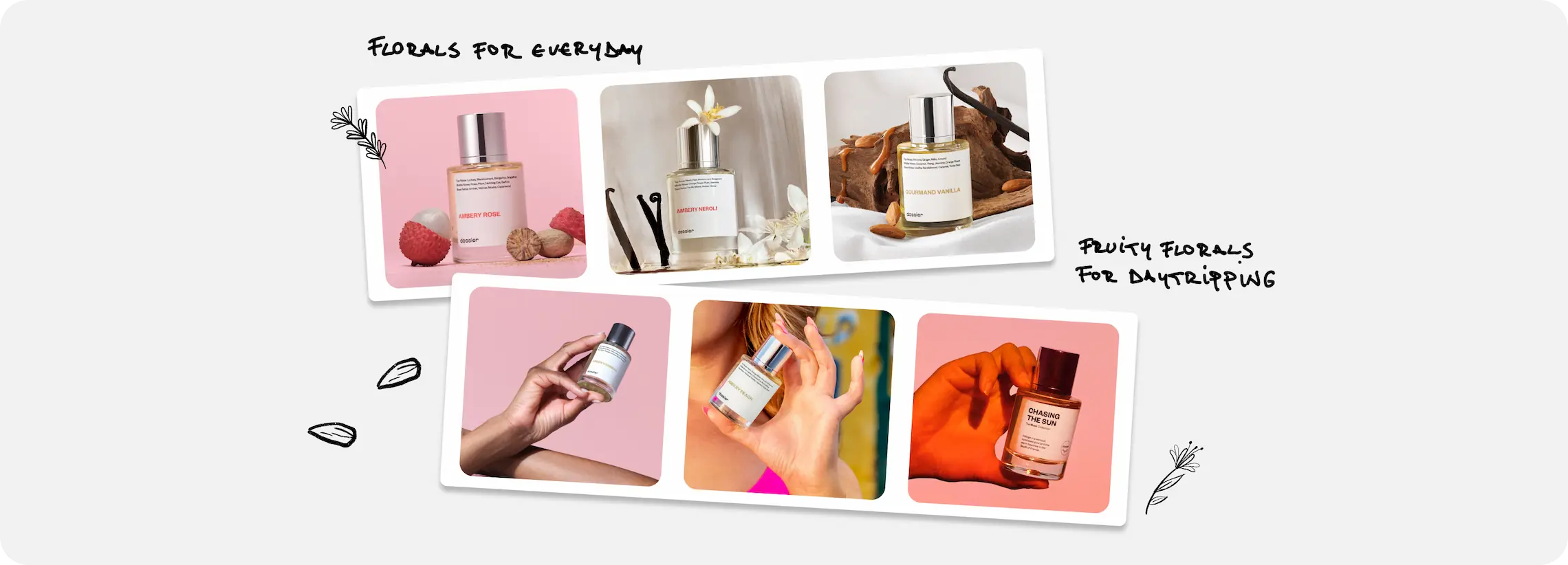 Dossier Ambery Rose, Ambery Neroli, Gourmand Vanilla, and Chasing the Sun perfumes featured as spring fragrance picks