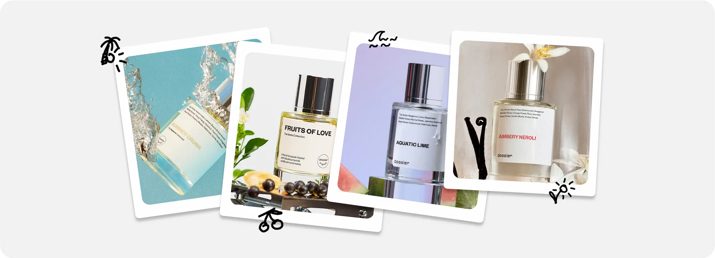 Dossier Summer Crush, Fruits of Love, Aquatic Lime, and Ambery Neroli perfumes for summer fragrance inspiration