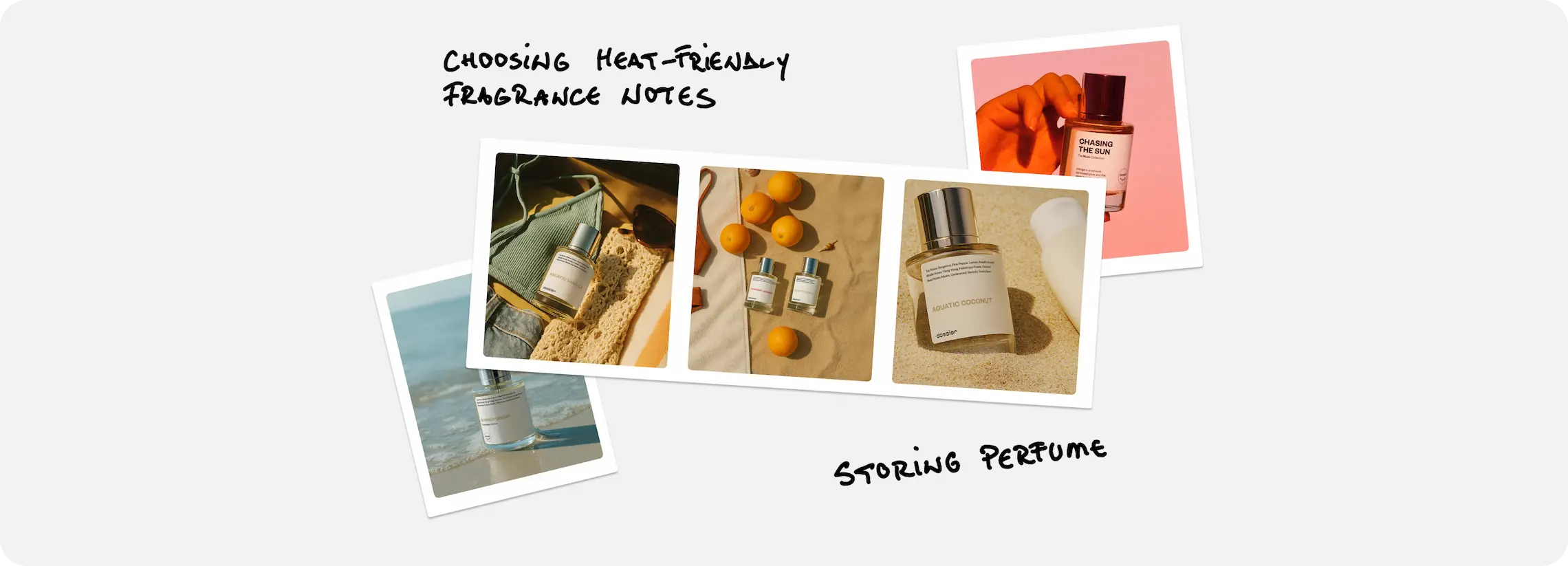 Dossier summer perfumes featuring Chasing the Sun and Aquatic Coconut with heat-friendly fragrance notes and storage tips