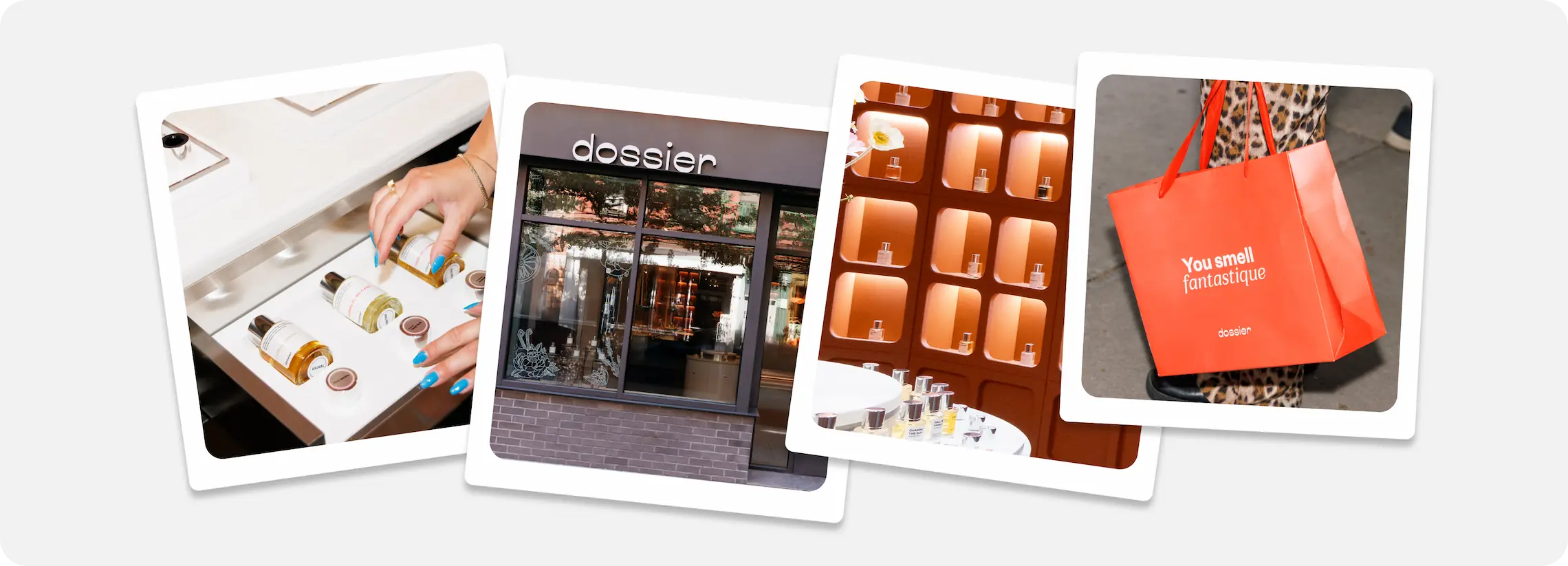Collage featuring Dossier perfumes, a Dossier storefront, an in-store fragrance display, and a red Dossier shopping bag.
