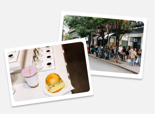 Two postcard-style photos showing a Dossier café drink and sandwich, and a line of people outside the NoLita store.