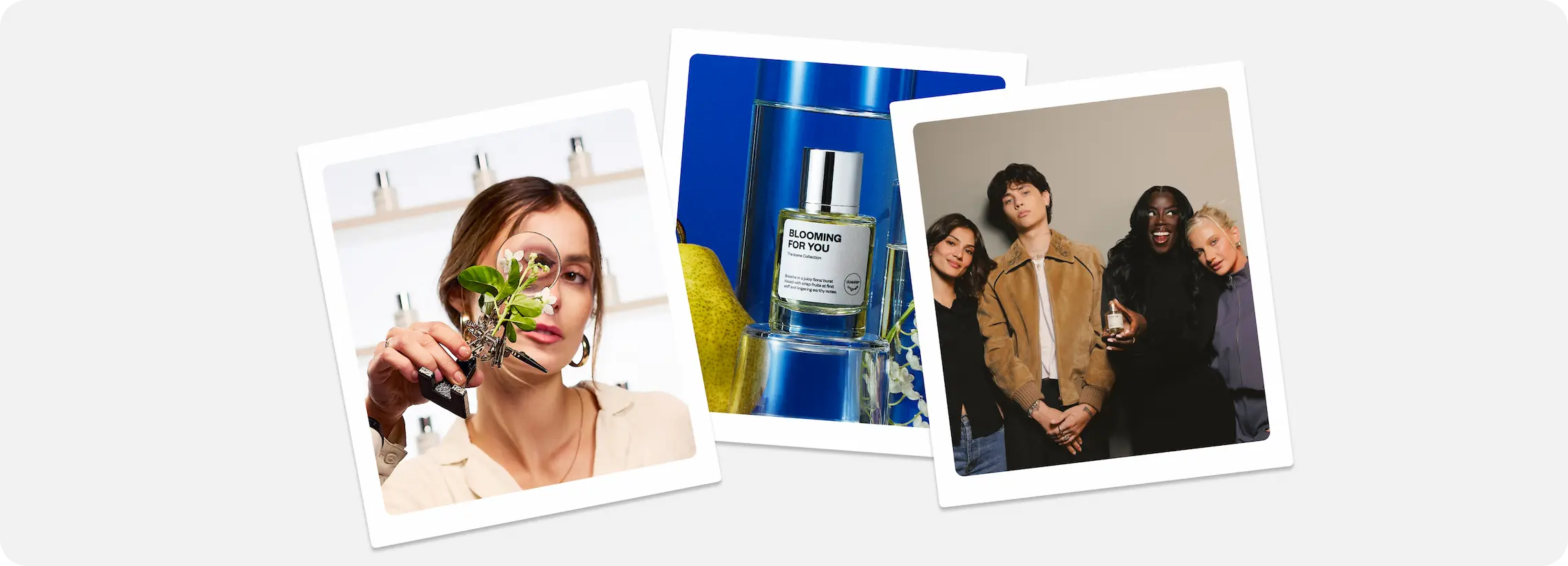 Dossier fragrance expert, Blooming for You perfume, and a diverse group showcasing the Dossier perfume house