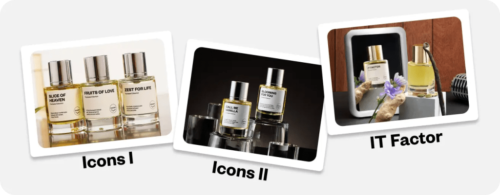 Dossier Icons I and Icons II perfume collections alongside the IT Factor fragrance