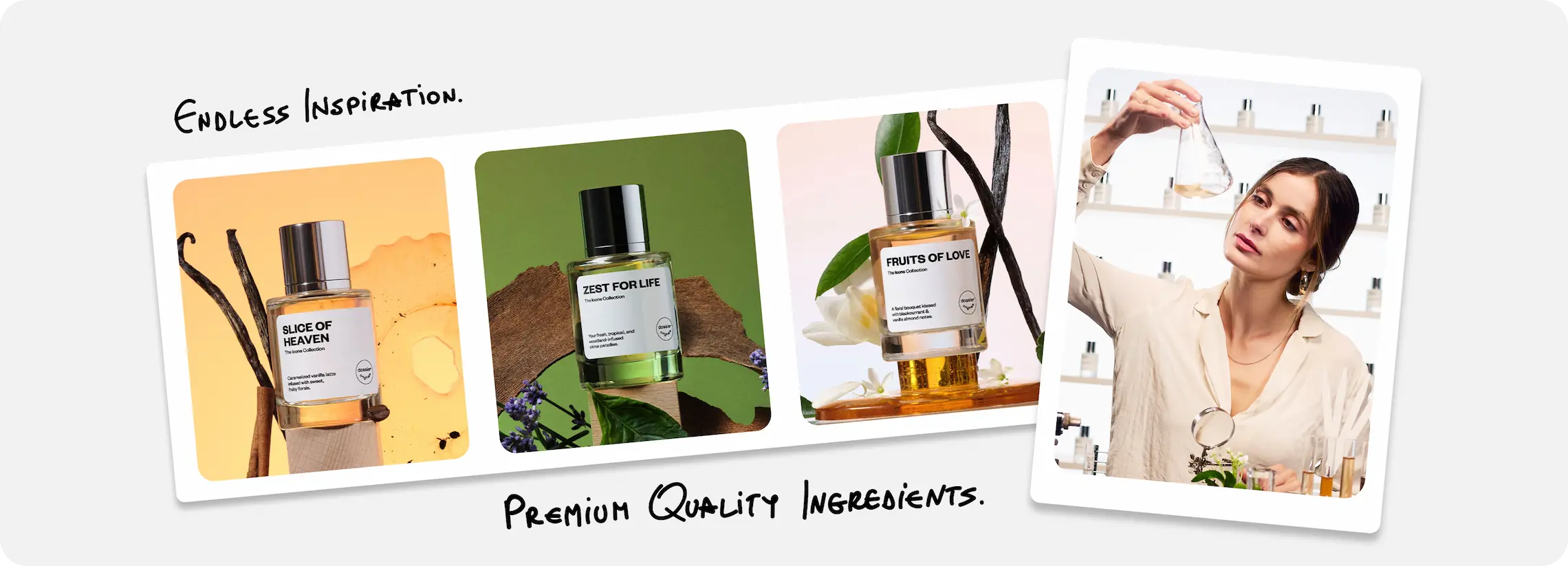 Dossier Slice of Heaven, Zest for Life, and Fruits of Love perfumes alongside a fragrance expert in the creative lab
