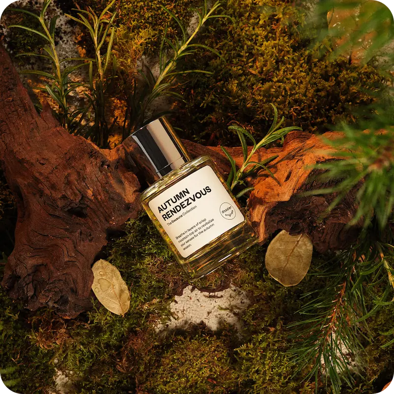 Dossier Autumn Rendezvous perfume displayed among moss, weathered wood, rosemary, and fallen leaves.