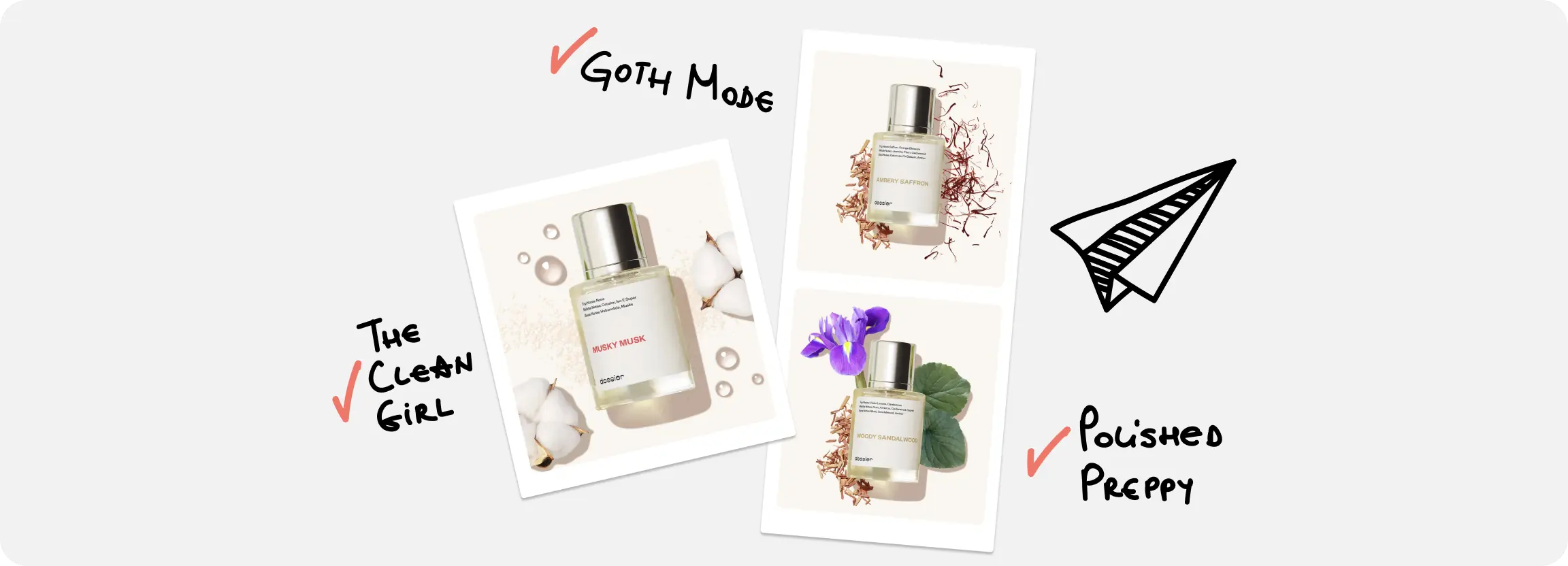 Dossier Musky Musk, Ambery Saffron, and Woody Sandalwood perfumes representing clean girl, goth, and polished preppy fragrance styles