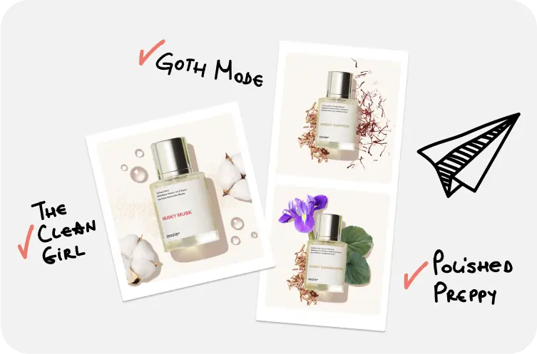 Dossier Musky Musk, Ambery Saffron, and Woody Sandalwood perfumes representing clean girl, goth, and polished preppy fragrance styles