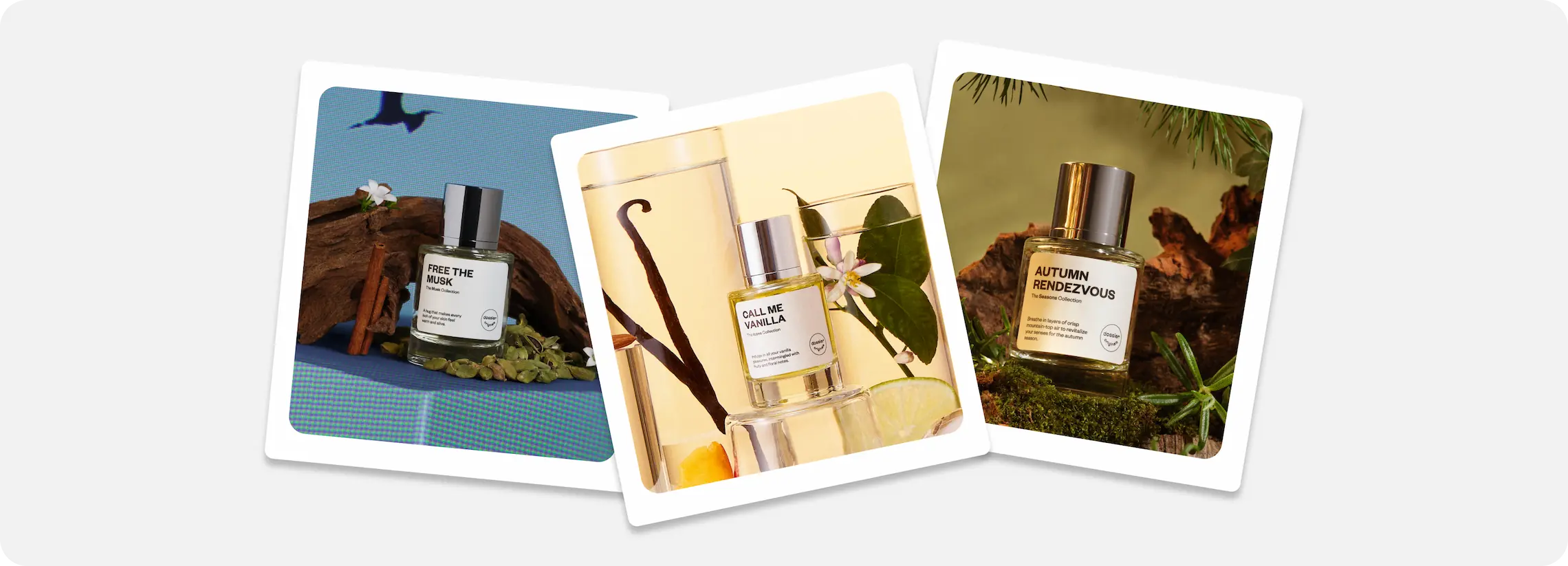 Dossier Free the Musk, Call Me Vanilla, and Autumn Rendezvous perfumes styled with seasonal fragrance notes