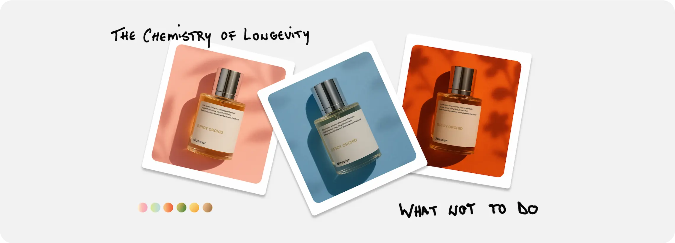 Dossier Spicy Orchid perfume shown in three settings illustrating fragrance longevity and what to avoid