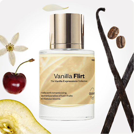 Vanilla Flirt perfume bottle surrounded by vanilla pods, coffee beans, a cherry, pear and delicate white flowers.