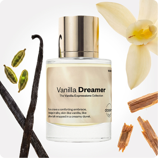 Woman wearing glasses and red lipstick holding a Vanilla Tease perfume bottle against a dark background. Vanilla Dreamer perfume bottle surrounded by vanilla pods, cardamom seeds, a vanilla orchid and pieces of warm wood.