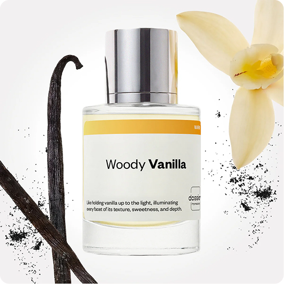 Woody Vanilla perfume bottle surrounded by vanilla pods, a vanilla orchid and scattered dark vanilla powder.